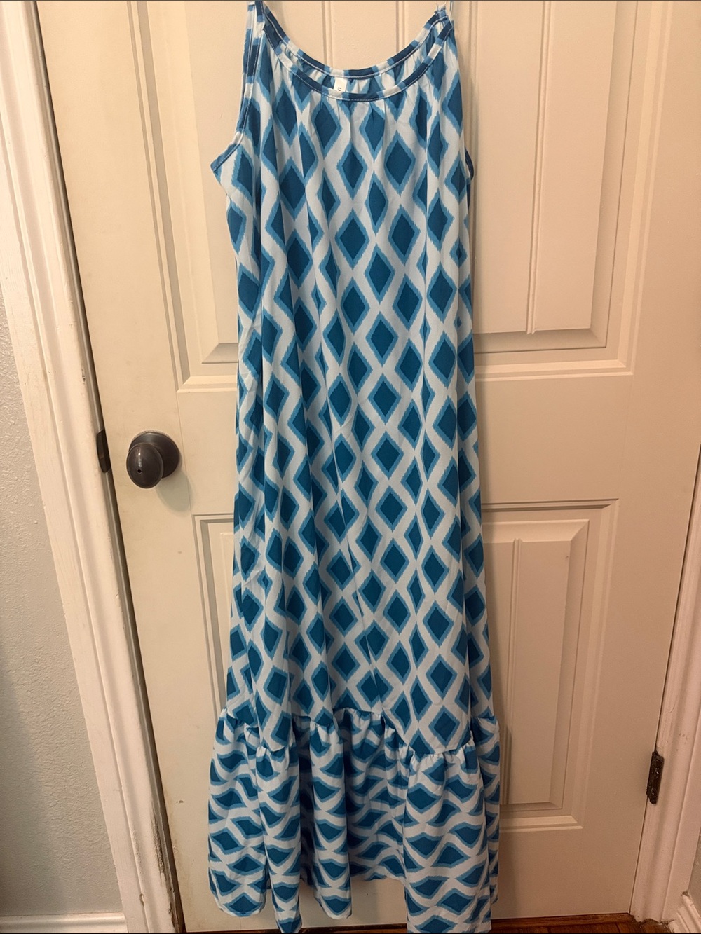 Blue Diamond-Print Maxi Skirt with Ruffle Hem